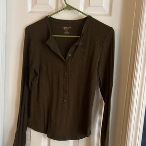American Eagle Outfitters Women's Olive Green Long Sleeve Top